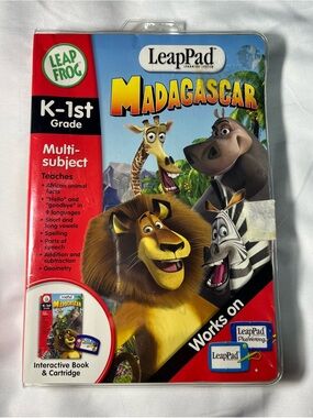 LeapFrog LeapPad Madagascar K-1st Grade Book & Cartridge Complete w/ Case
